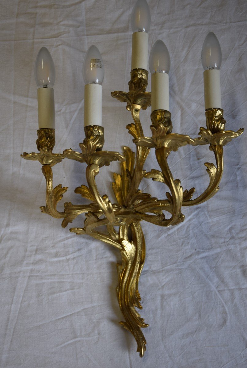 Pair Of Gilt Bronze Sconces, 5 Arms Of Light, Louis XV Style, Electrified. -photo-3