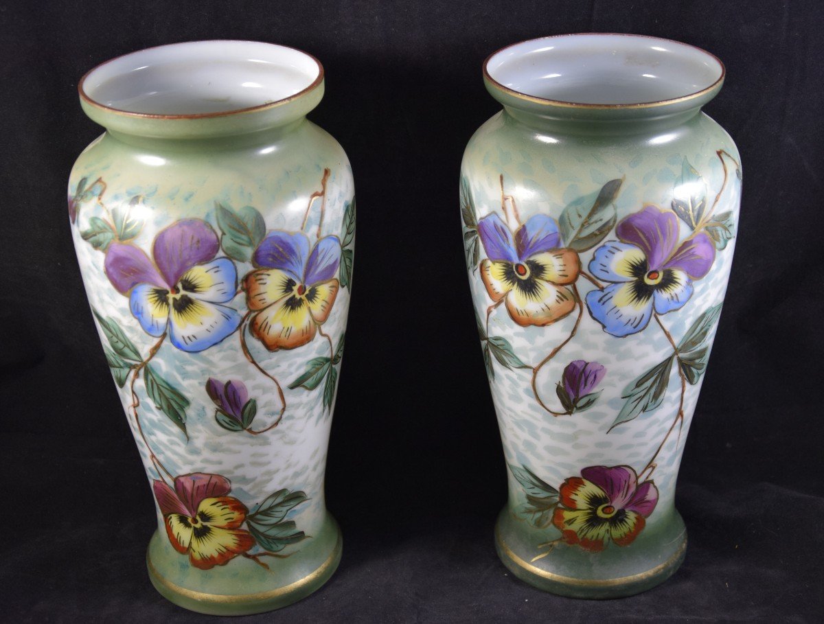 Pair Of Opaline Vases, Hand Painted Floral Decor, Napoleon III-photo-2