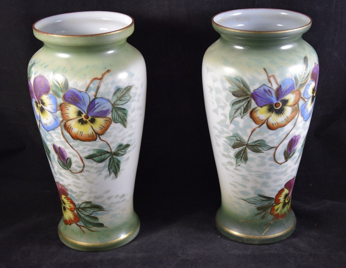 Pair Of Opaline Vases, Hand Painted Floral Decor, Napoleon III-photo-3