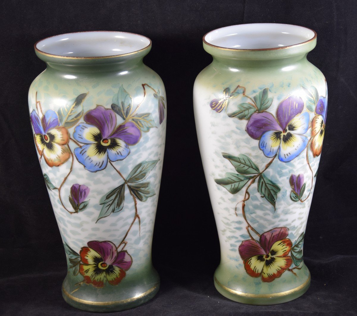 Pair Of Opaline Vases, Hand Painted Floral Decor, Napoleon III-photo-4