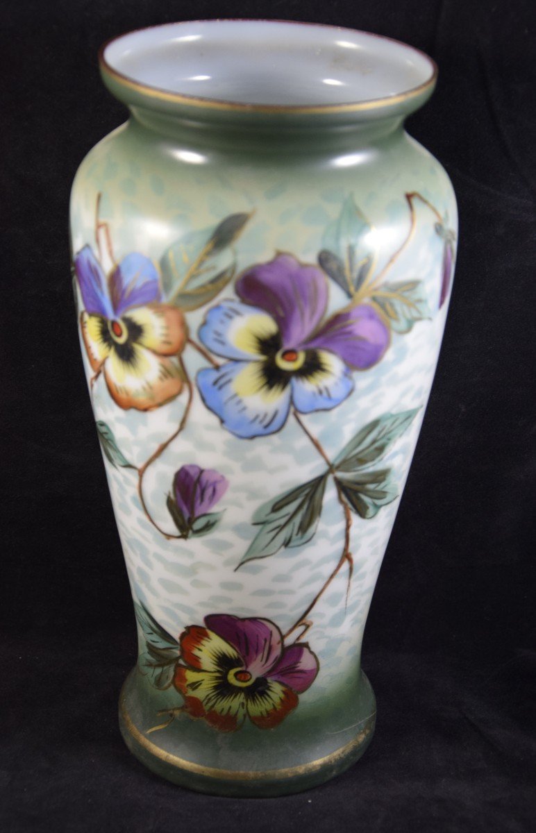 Pair Of Opaline Vases, Hand Painted Floral Decor, Napoleon III-photo-1