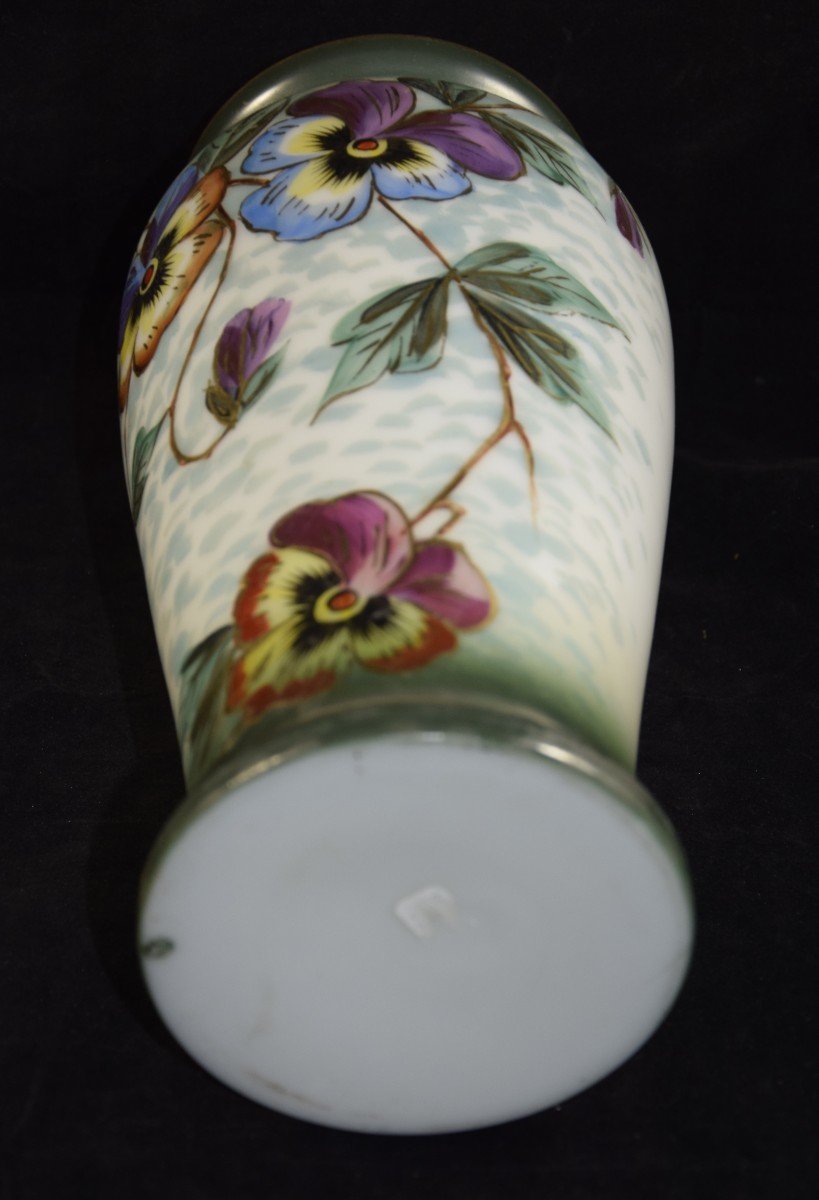 Pair Of Opaline Vases, Hand Painted Floral Decor, Napoleon III-photo-3