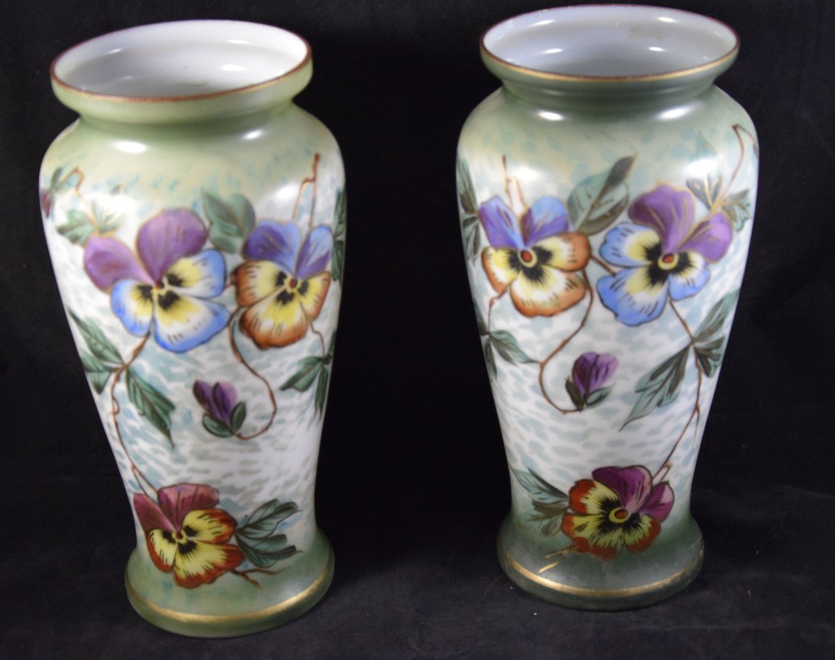 Pair Of Opaline Vases, Hand Painted Floral Decor, Napoleon III