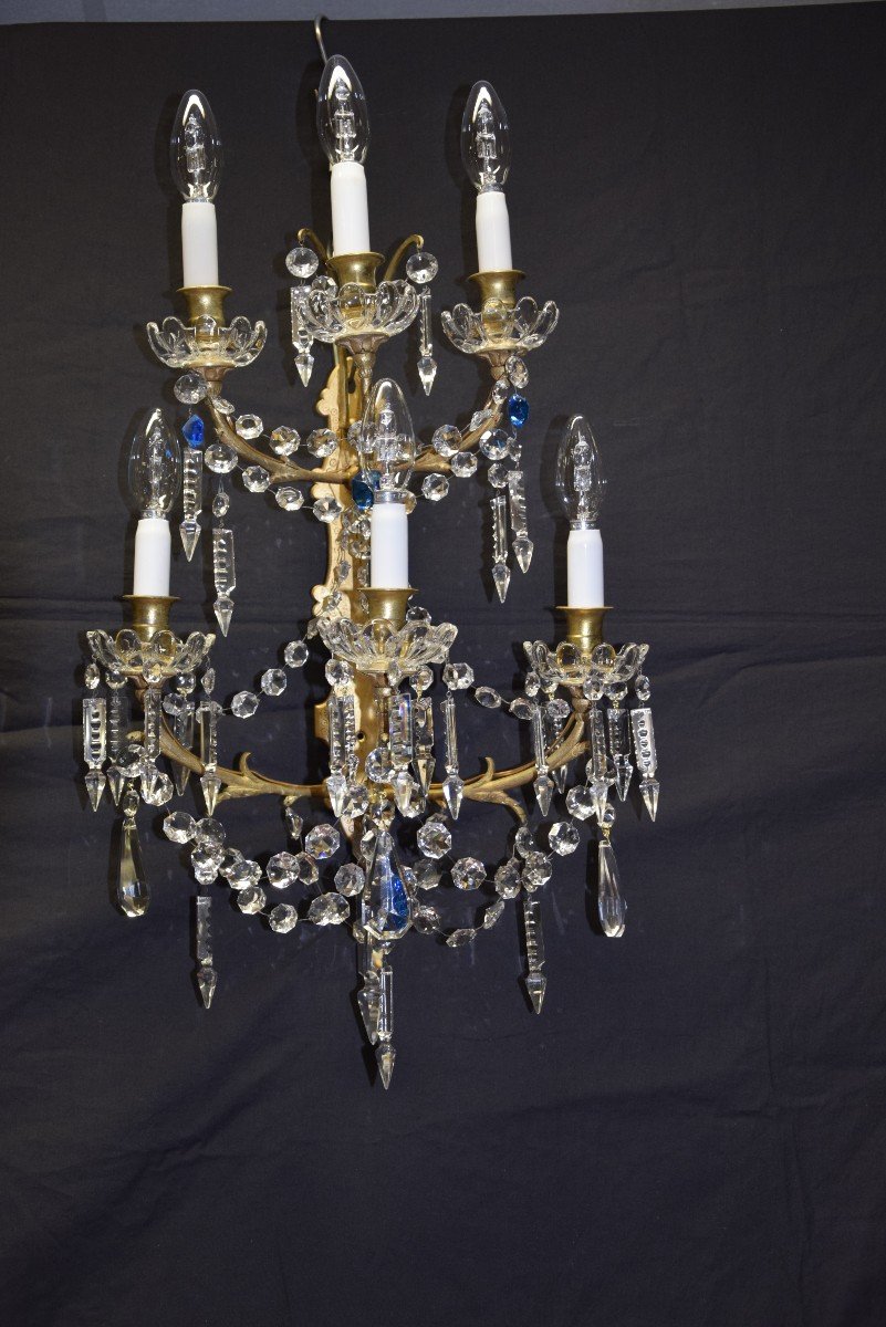 Paire d'appliques  , 6 feux , en bronze et cristal Baccarat , vers 1900-photo-2