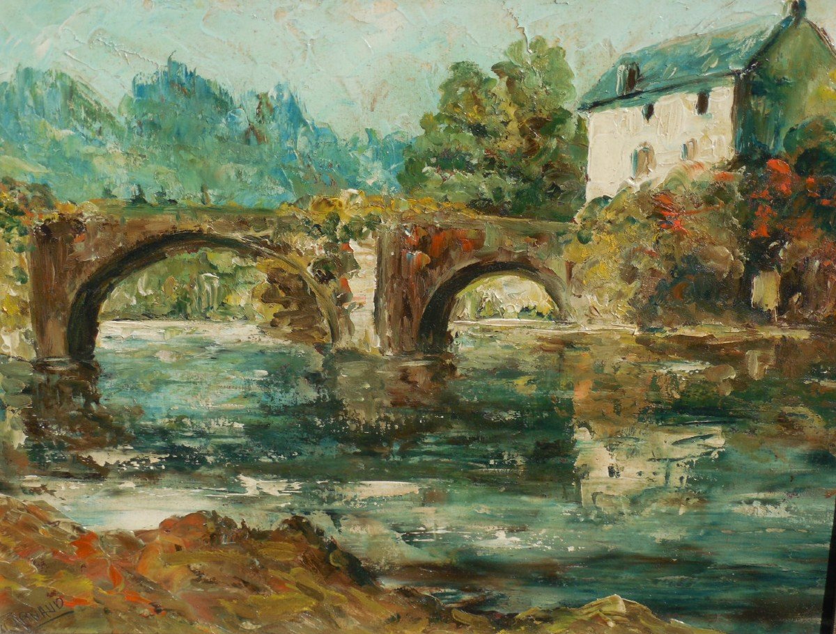 P. ARNAUD  (1912- ?)  l'ancien pont de Saint-Jean -de-Côle en Périgord  , huile sur panneau .-photo-2