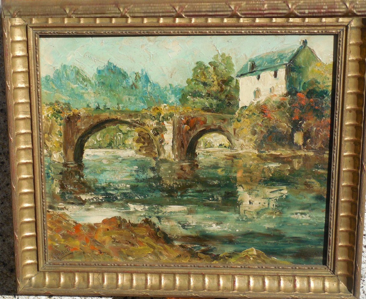 P. ARNAUD  (1912- ?)  l'ancien pont de Saint-Jean -de-Côle en Périgord  , huile sur panneau .-photo-3