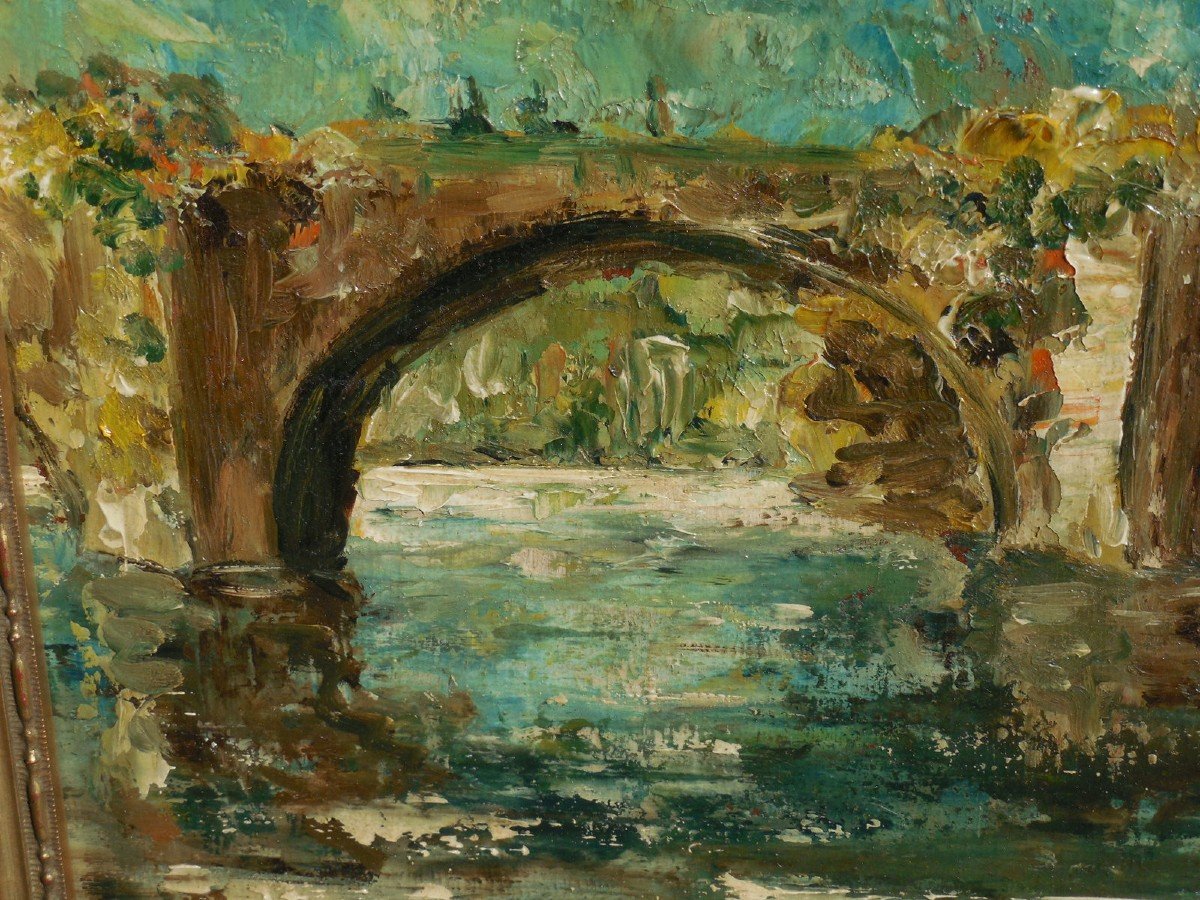 P. ARNAUD  (1912- ?)  l'ancien pont de Saint-Jean -de-Côle en Périgord  , huile sur panneau .-photo-2