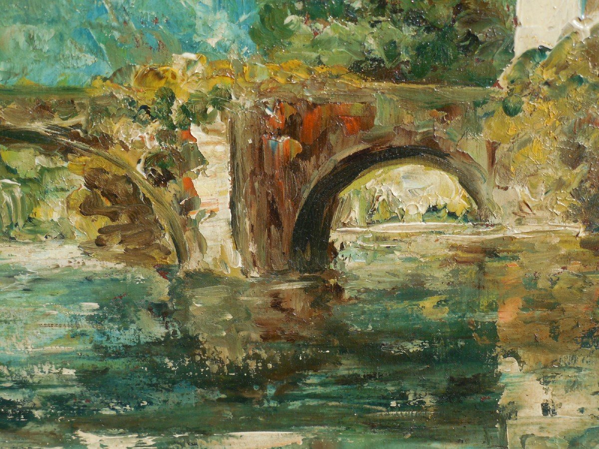 P. ARNAUD  (1912- ?)  l'ancien pont de Saint-Jean -de-Côle en Périgord  , huile sur panneau .-photo-3