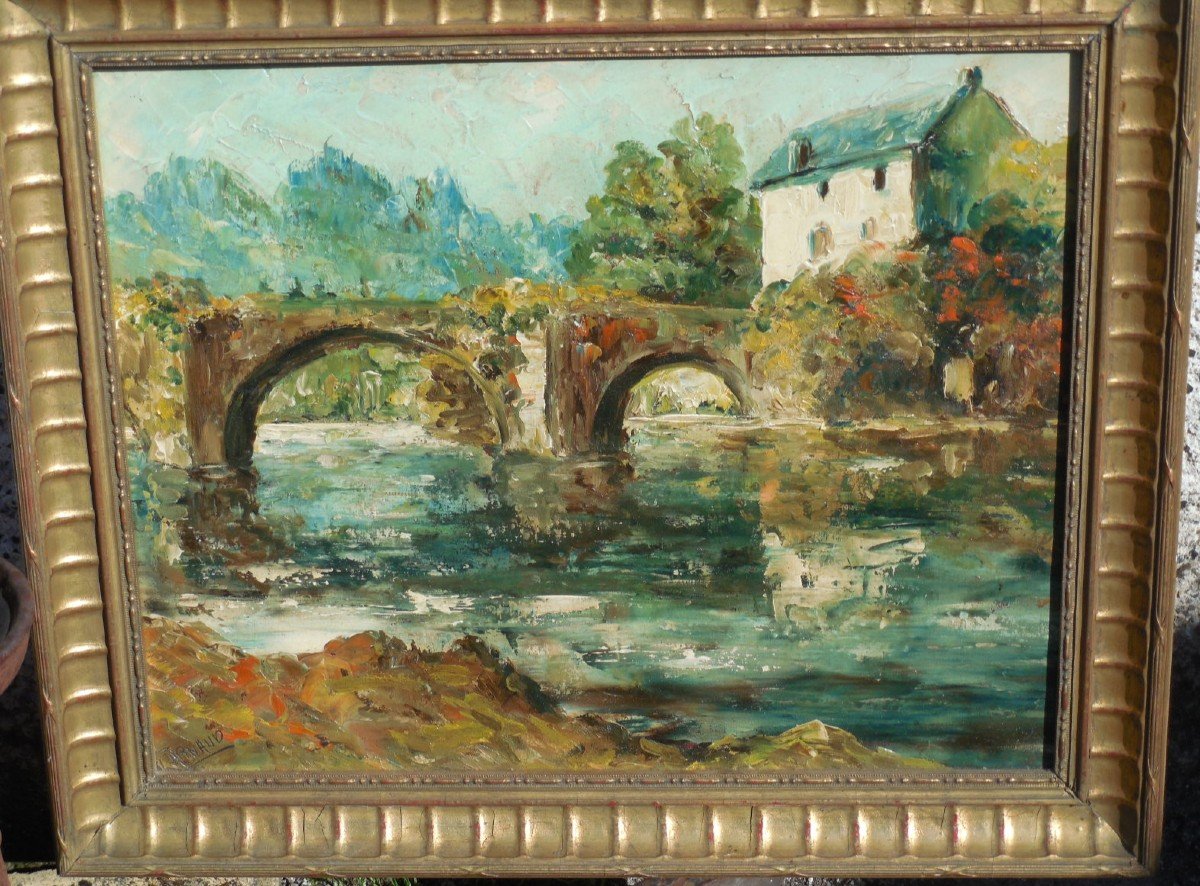 P. ARNAUD  (1912- ?)  l'ancien pont de Saint-Jean -de-Côle en Périgord  , huile sur panneau .