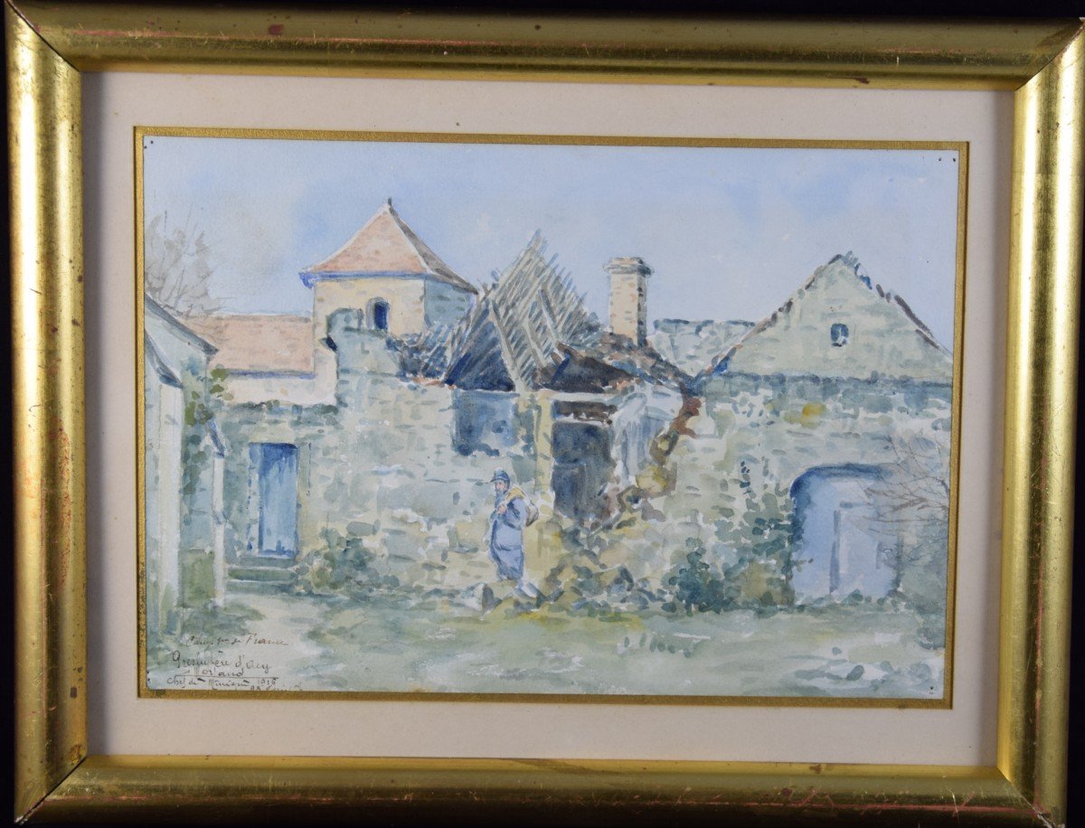 Camille  Merlaud (1877-1957) "le presbytère d'Acy" témoignage de la  guerre 14-18, aquarelle-photo-2