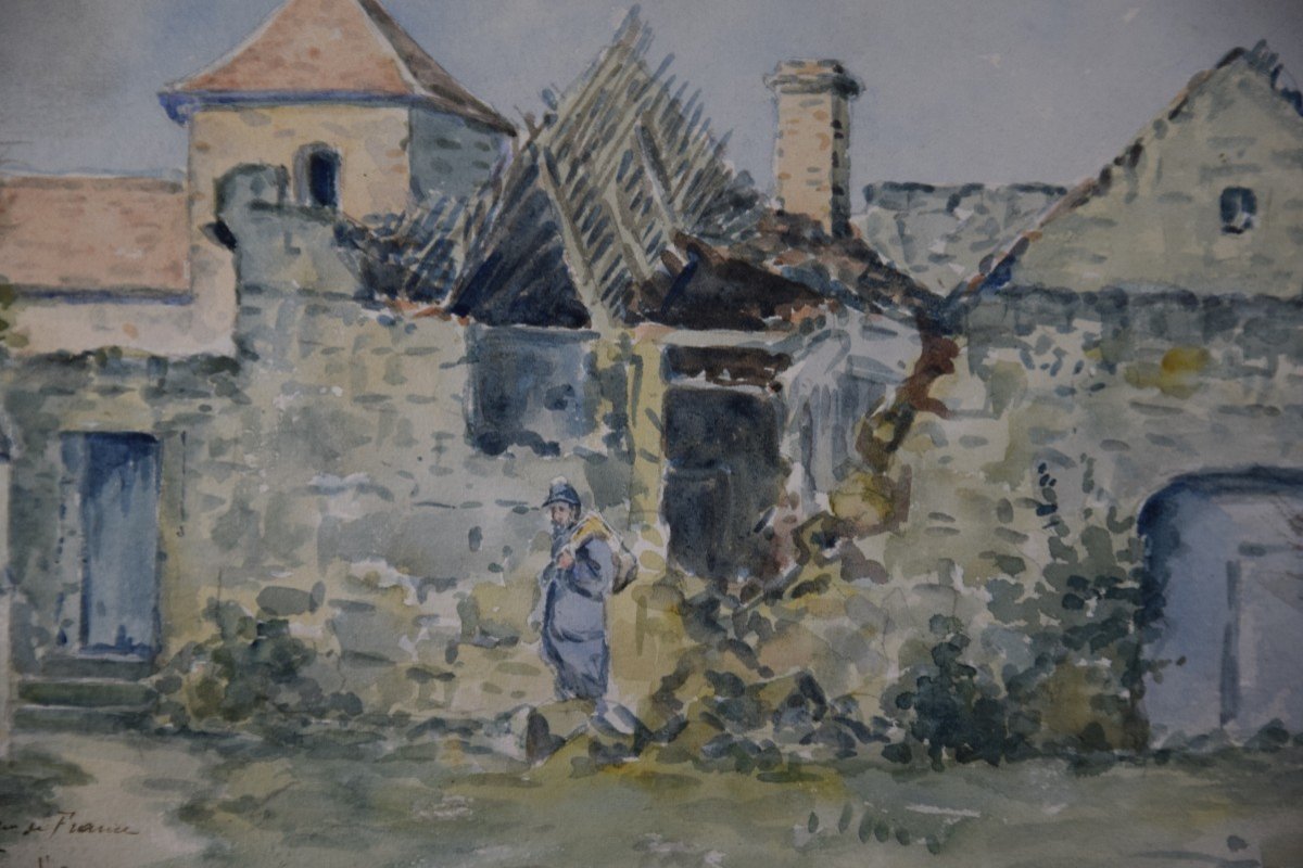 Camille  Merlaud (1877-1957) "le presbytère d'Acy" témoignage de la  guerre 14-18, aquarelle-photo-3