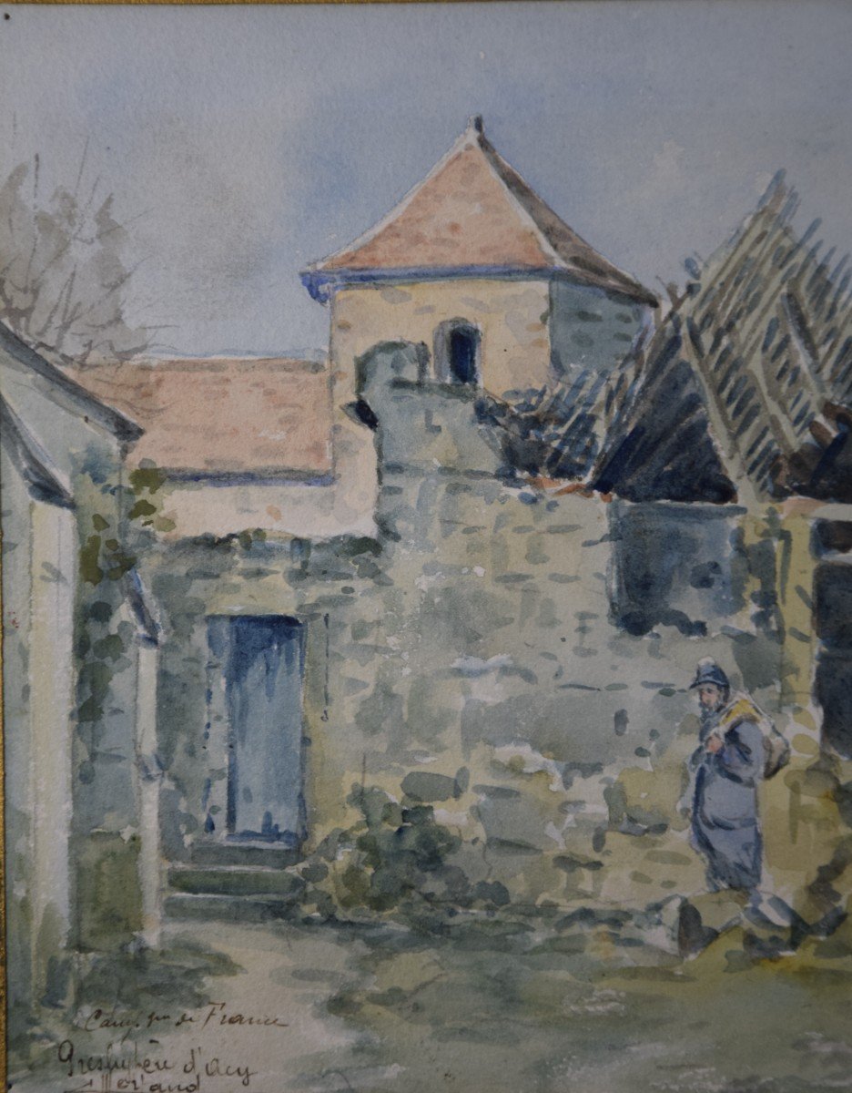 Camille  Merlaud (1877-1957) "le presbytère d'Acy" témoignage de la  guerre 14-18, aquarelle-photo-2