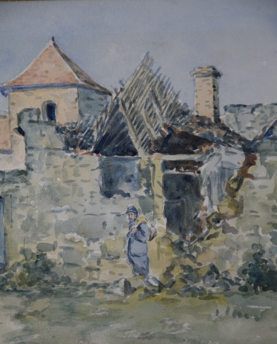 Camille  Merlaud (1877-1957) "le presbytère d'Acy" témoignage de la  guerre 14-18, aquarelle-photo-3