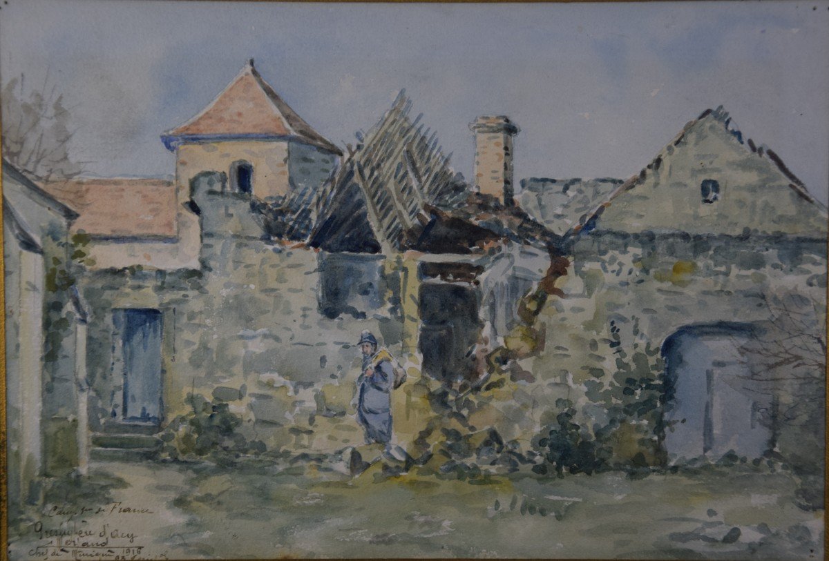 Camille  Merlaud (1877-1957) "le presbytère d'Acy" témoignage de la  guerre 14-18, aquarelle