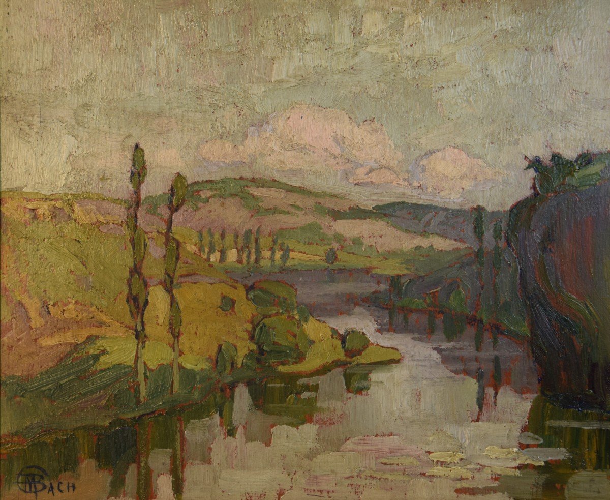 Marcel Bach ( 1879-1950), " La vallée du Lot " , huile sur panneau-photo-4