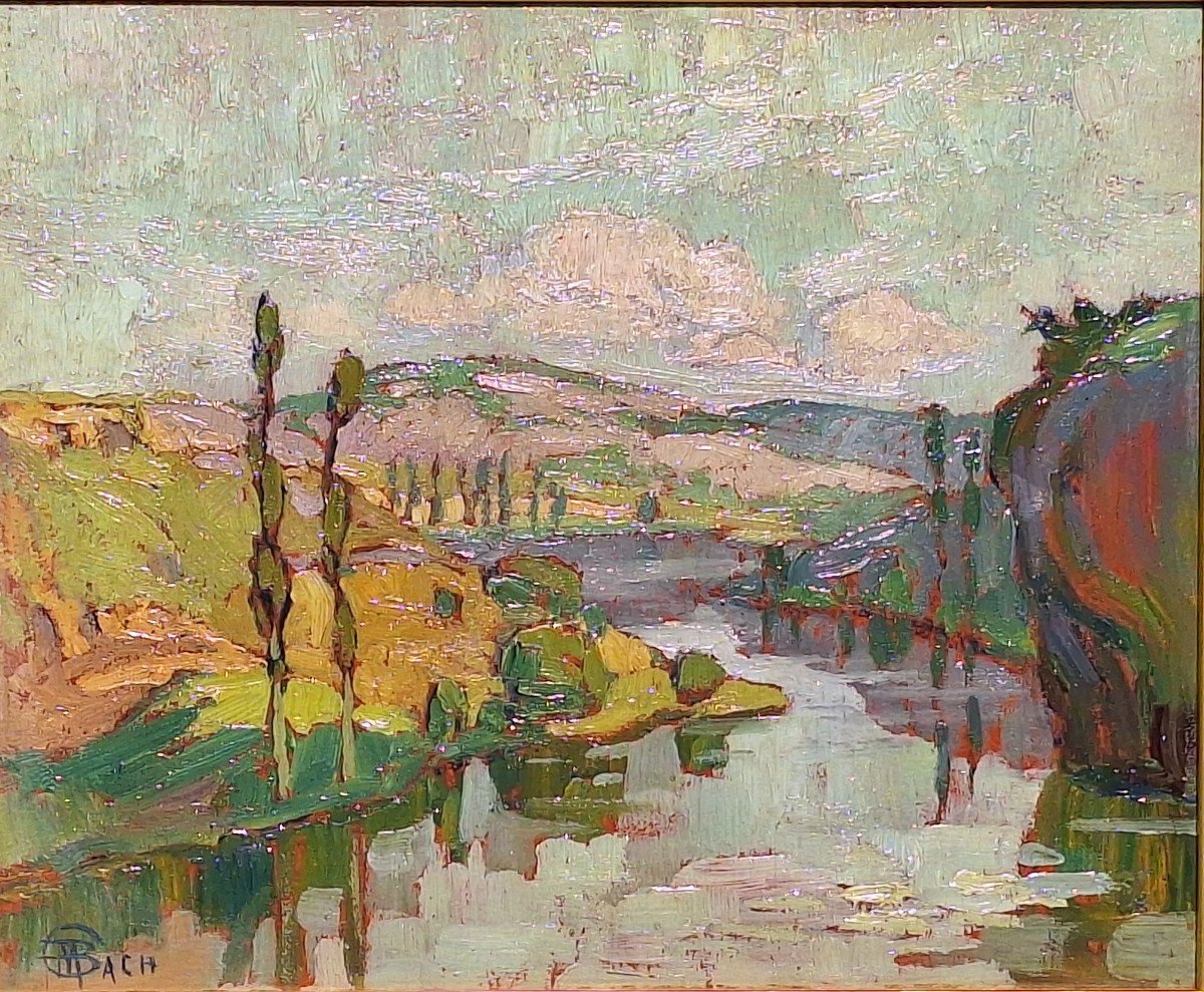 Marcel Bach ( 1879-1950), " La vallée du Lot " , huile sur panneau-photo-2