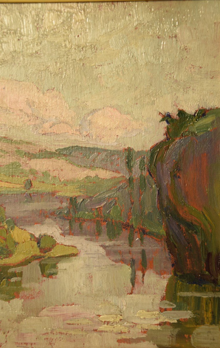 Marcel Bach ( 1879-1950), " La vallée du Lot " , huile sur panneau-photo-1