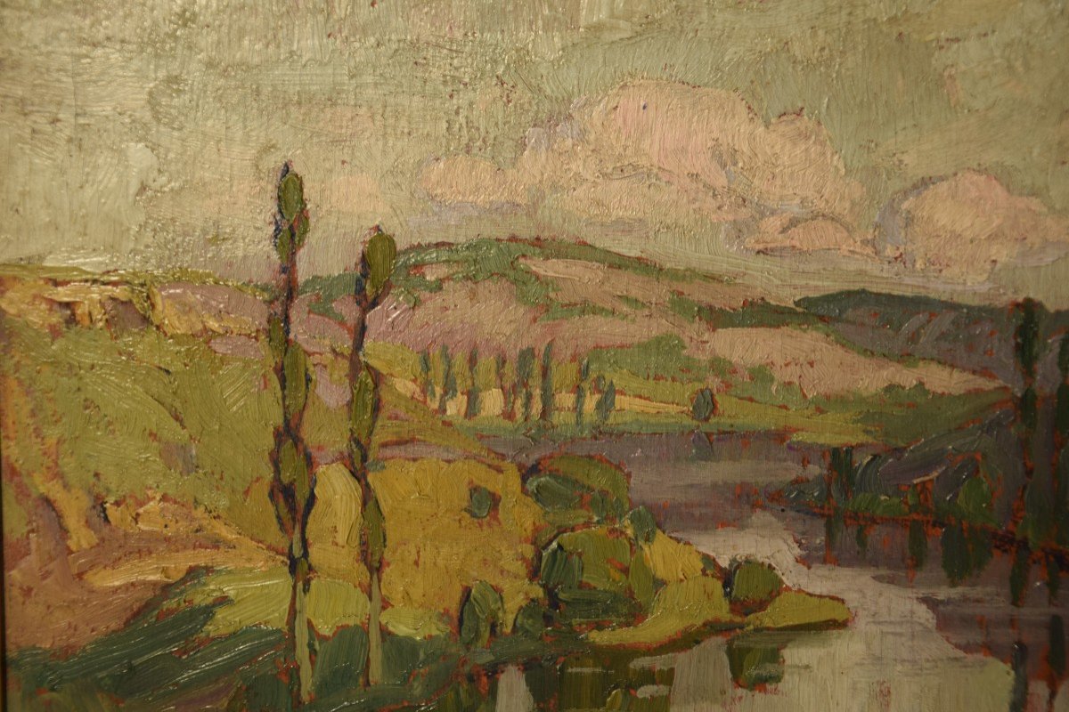 Marcel Bach ( 1879-1950), " La vallée du Lot " , huile sur panneau-photo-3