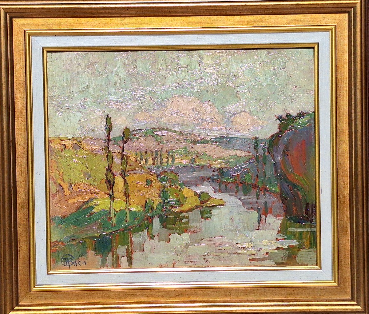 Marcel Bach ( 1879-1950), " La vallée du Lot " , huile sur panneau