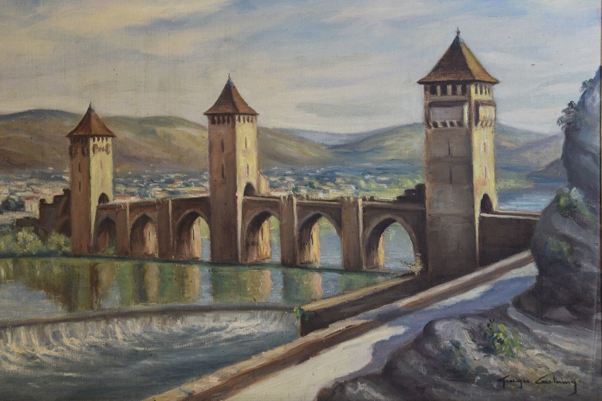 Georges Castaing (1895- 1971) " Le Pont Valentré à Cahors" Huile Sur Toile -photo-2