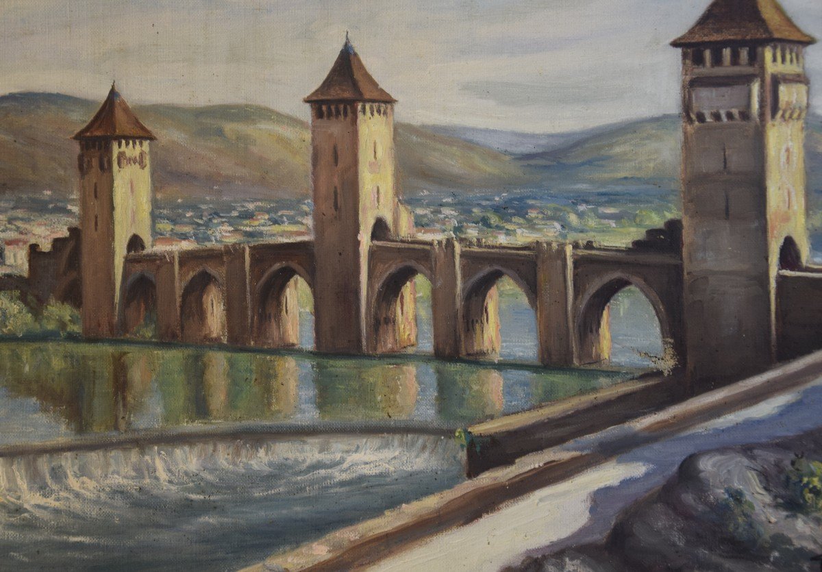 Georges Castaing (1895- 1971) " Le Pont Valentré à Cahors" Huile Sur Toile -photo-1