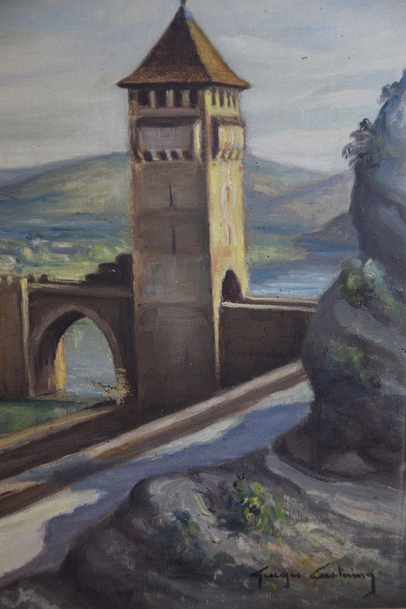 Georges Castaing (1895- 1971) " Le Pont Valentré à Cahors" Huile Sur Toile -photo-2