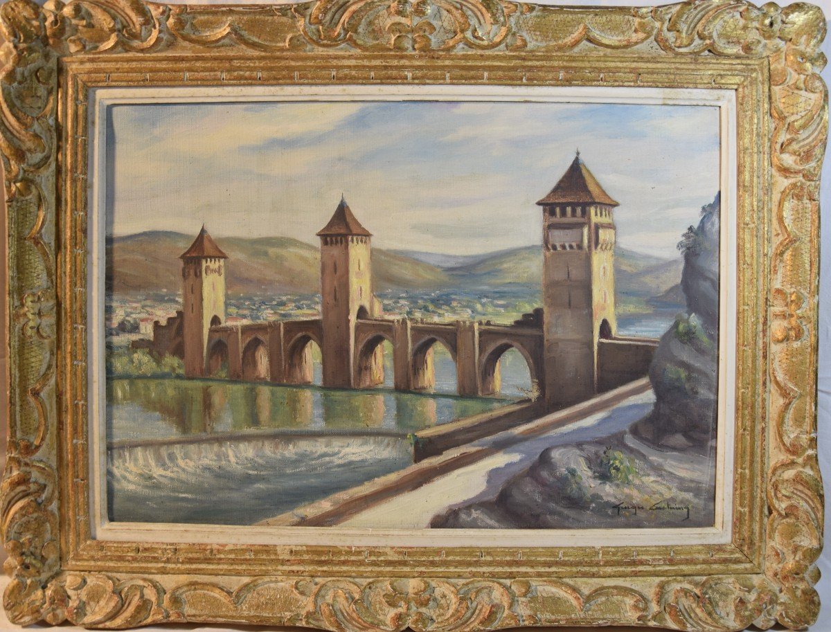 Georges Castaing (1895- 1971) " Le Pont Valentré à Cahors" Huile Sur Toile -photo-3