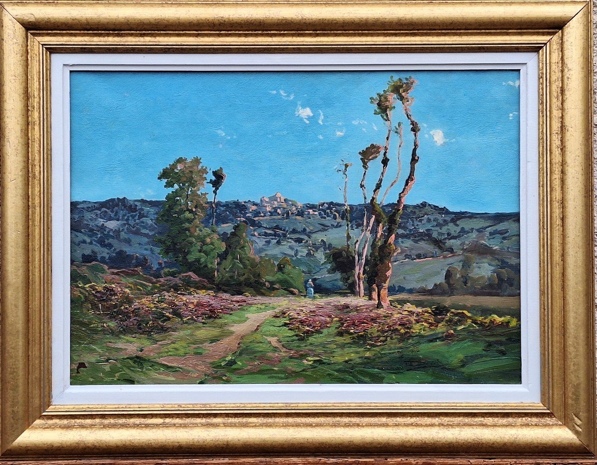 Ferdinand David (1860-1944),"Vallée du Lot à Penne d'Agenais "huile sur toile 