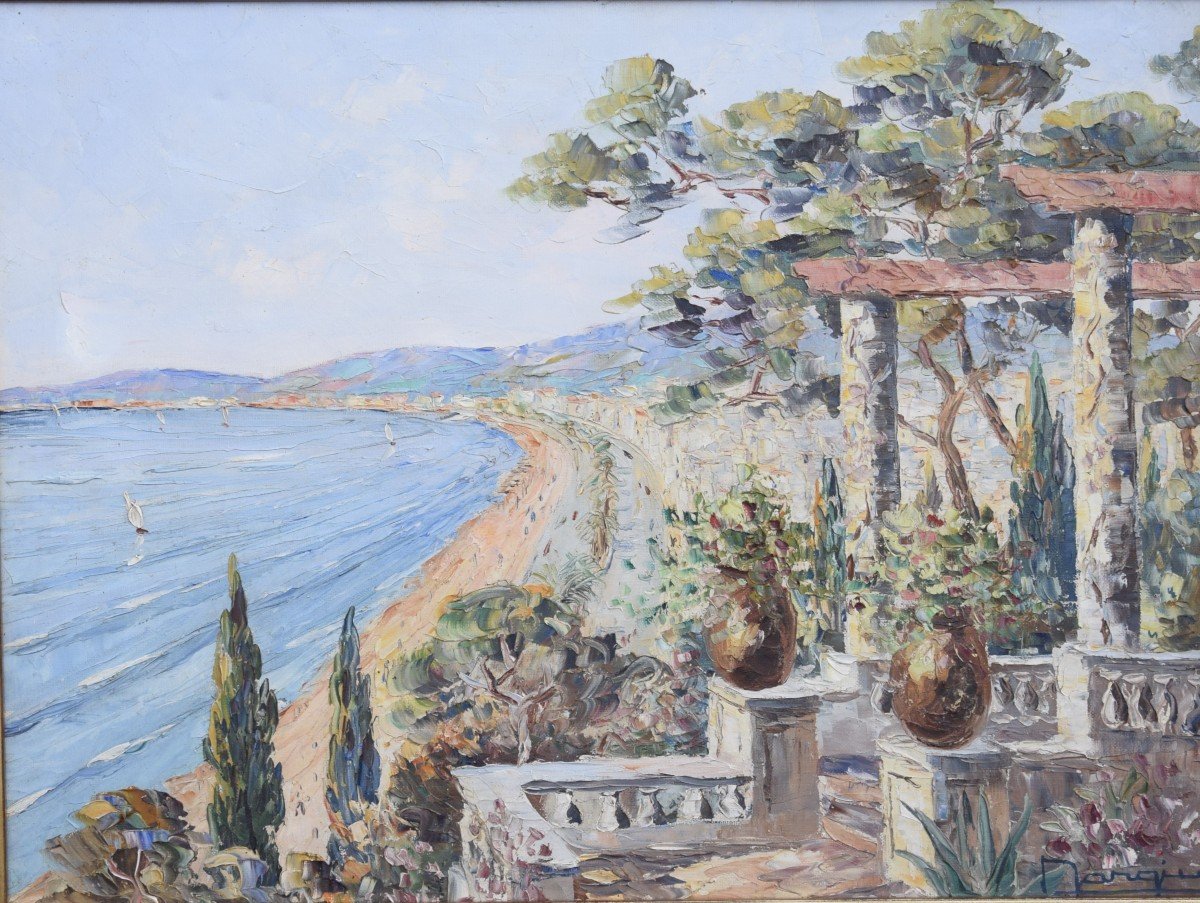 View Of The Riviera By Henri Bargin, Oil On Canvas.-photo-3