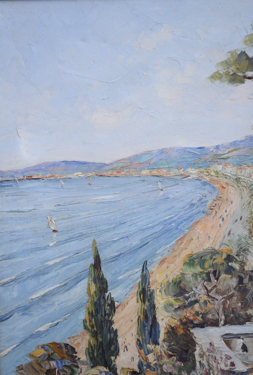 View Of The Riviera By Henri Bargin, Oil On Canvas.-photo-4