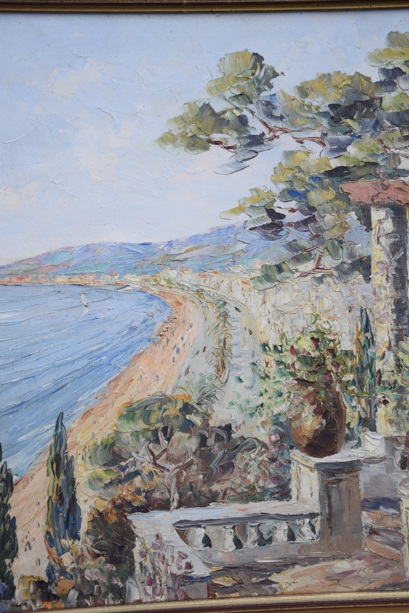 View Of The Riviera By Henri Bargin, Oil On Canvas.-photo-2