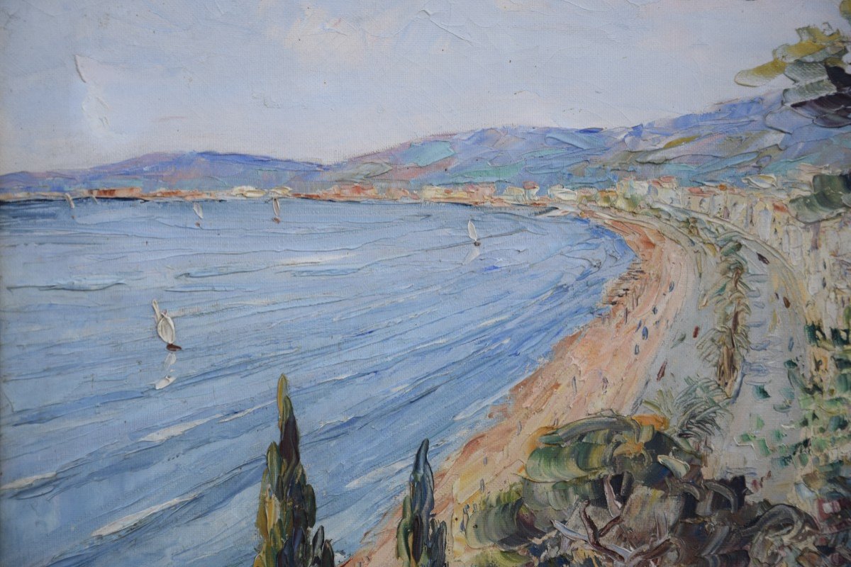 View Of The Riviera By Henri Bargin, Oil On Canvas.-photo-5