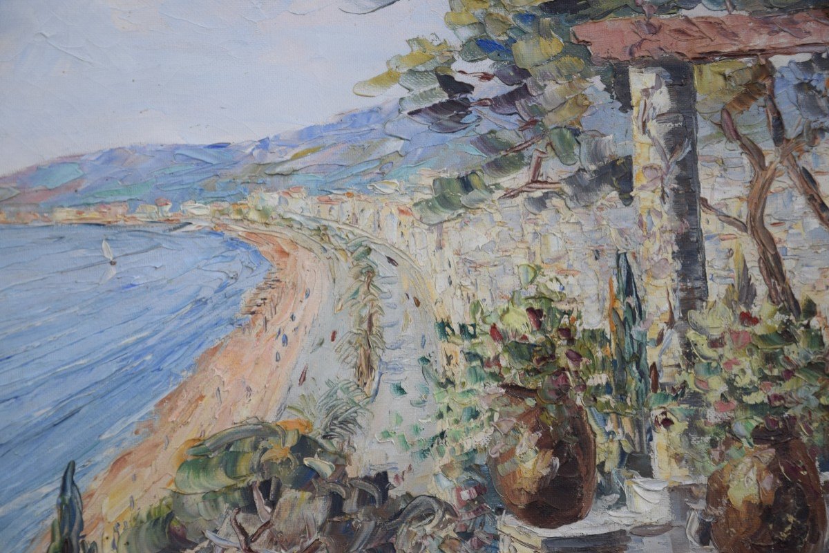 View Of The Riviera By Henri Bargin, Oil On Canvas.-photo-6