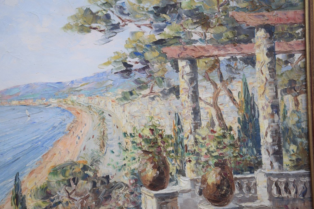 View Of The Riviera By Henri Bargin, Oil On Canvas.-photo-7