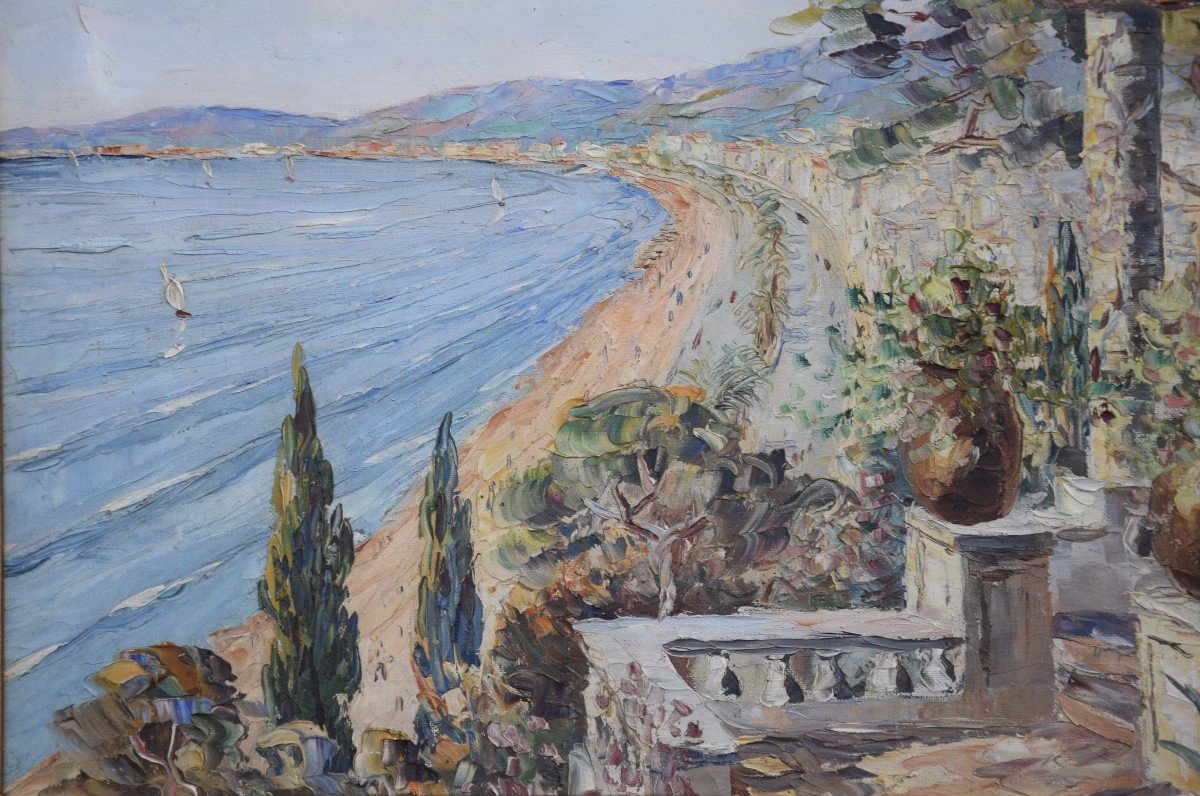 View Of The Riviera By Henri Bargin, Oil On Canvas.-photo-8