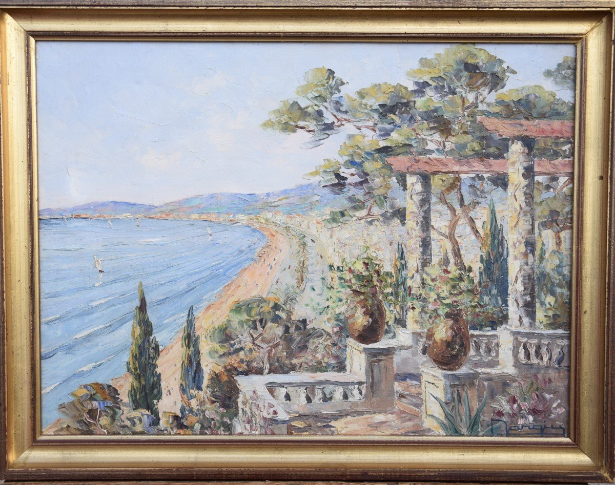 View Of The Riviera By Henri Bargin, Oil On Canvas.