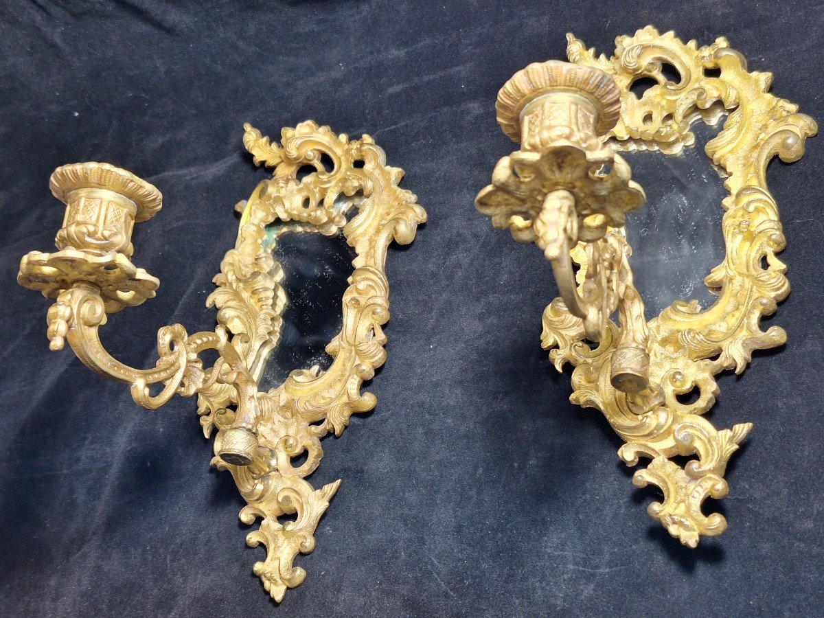 Pair Of Gilt Bronze Mirror Wall Lights, Louis XV Style - Rocaille -photo-2