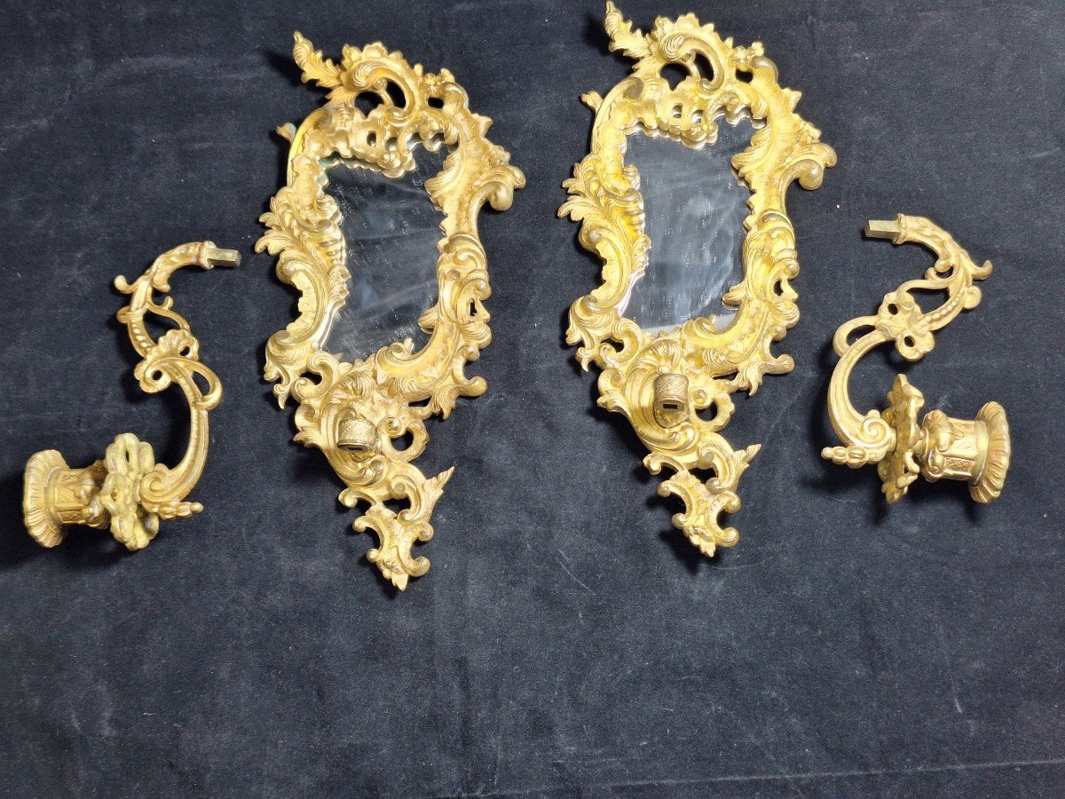 Pair Of Gilt Bronze Mirror Wall Lights, Louis XV Style - Rocaille -photo-3