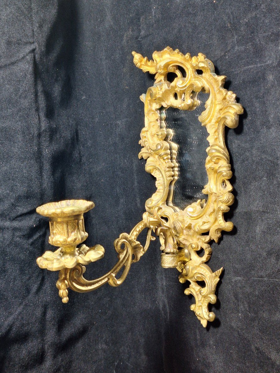 Pair Of Gilt Bronze Mirror Wall Lights, Louis XV Style - Rocaille -photo-4