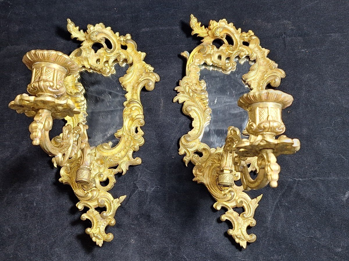 Pair Of Gilt Bronze Mirror Wall Lights, Louis XV Style - Rocaille 