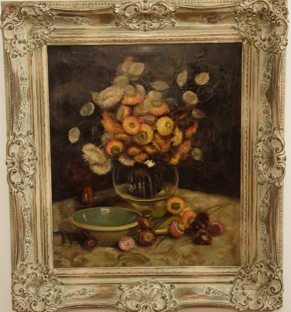 Bouquet de fleurs séchées, huile sur toile signée Mary Vonne, milieu XXème 