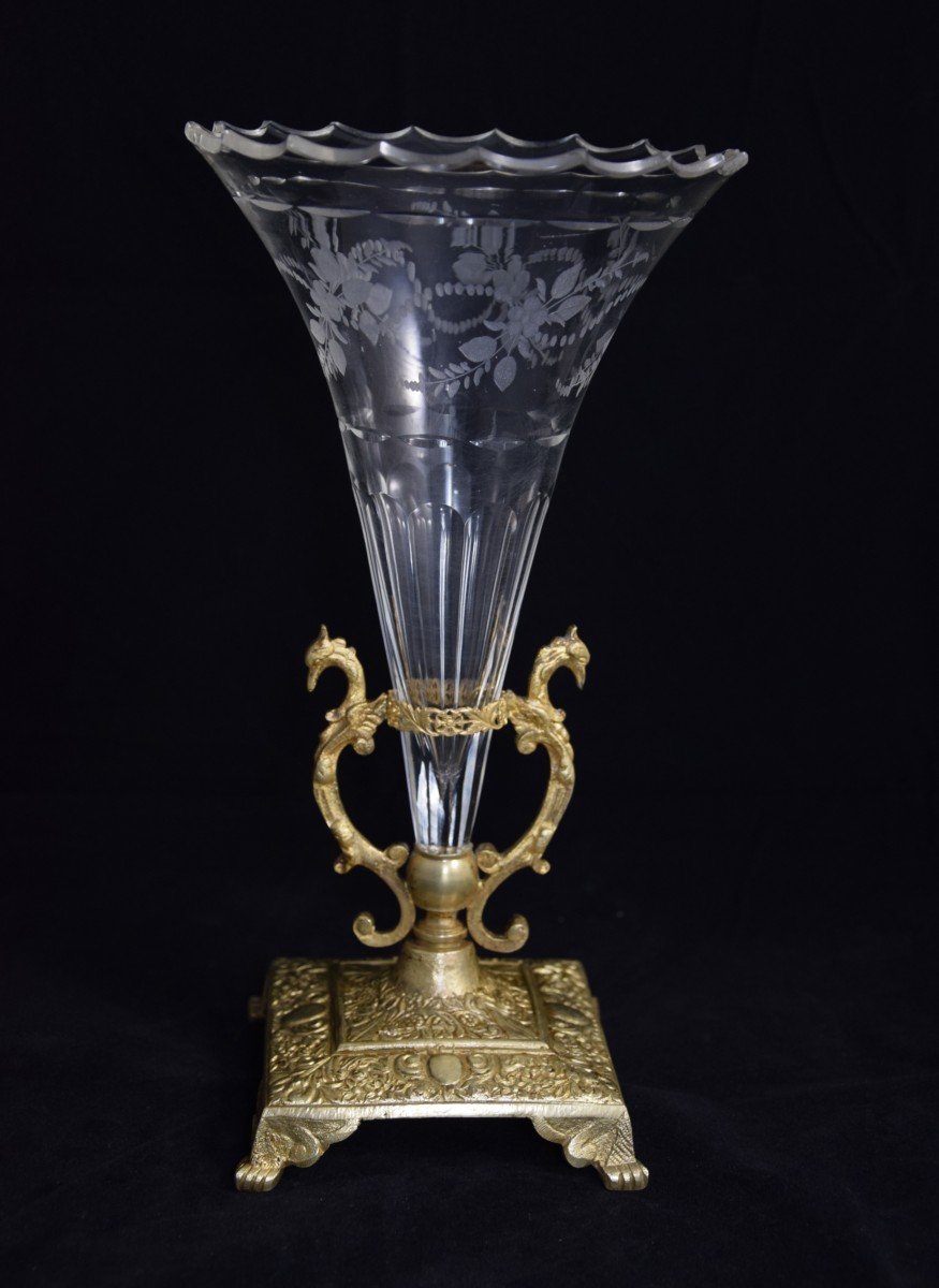 Crystal Cornet Vase, Gilded Bronze Mount, Late 19th Century. -photo-2