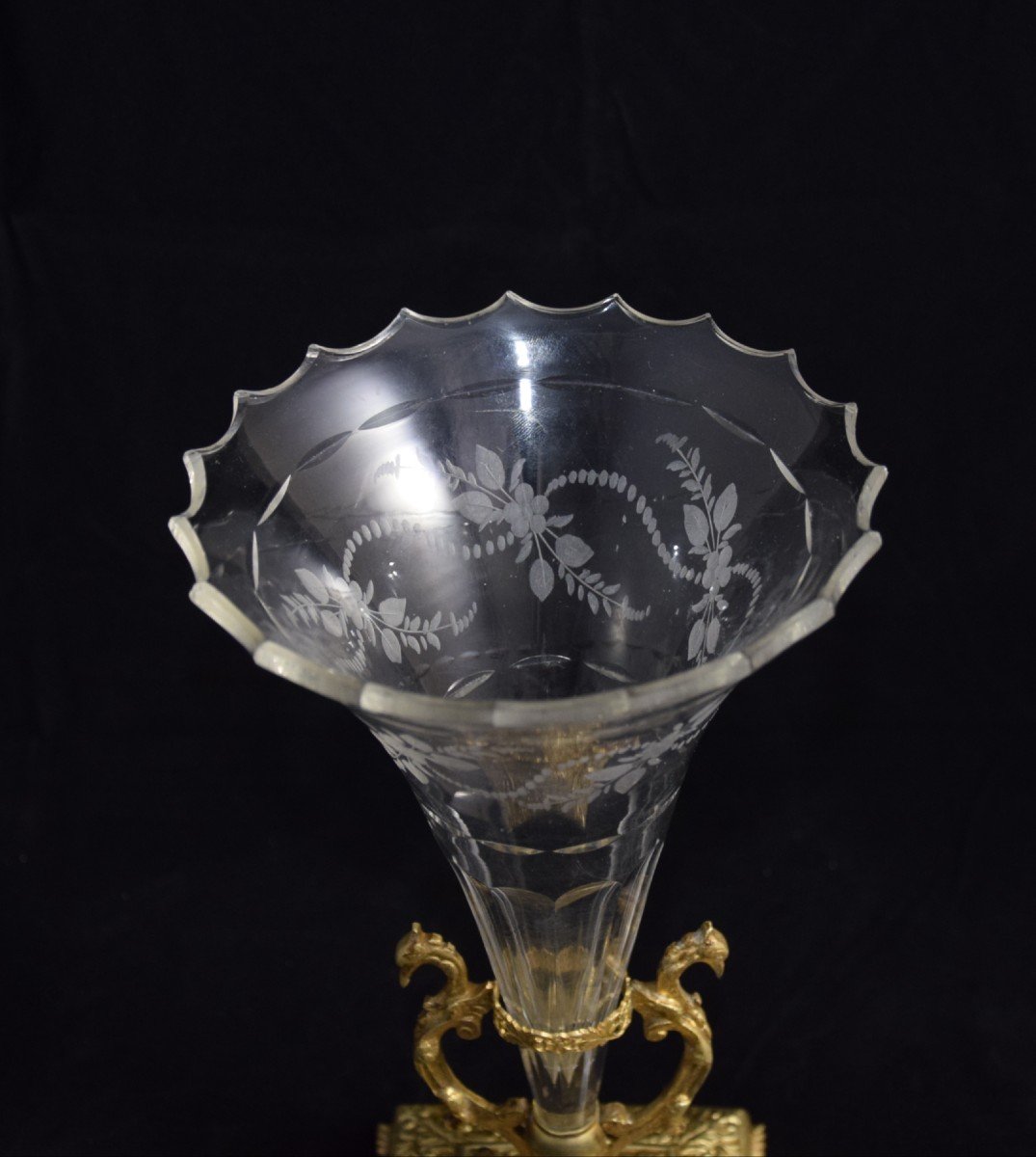 Crystal Cornet Vase, Gilded Bronze Mount, Late 19th Century. -photo-4