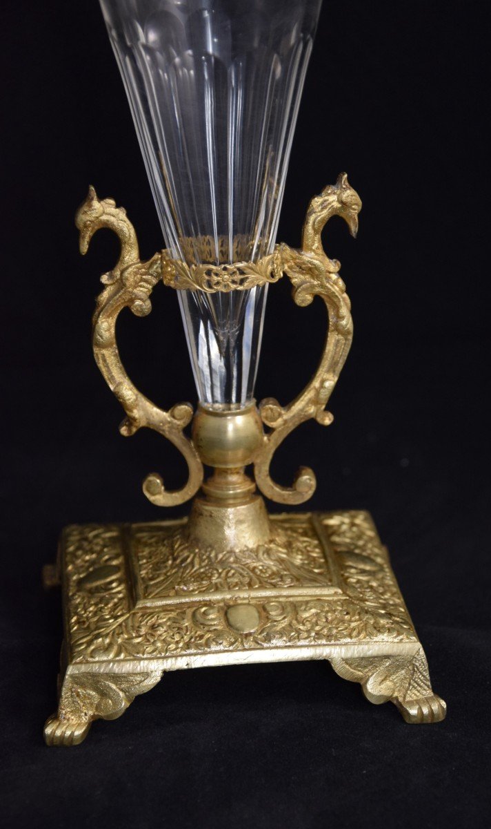 Crystal Cornet Vase, Gilded Bronze Mount, Late 19th Century. -photo-1