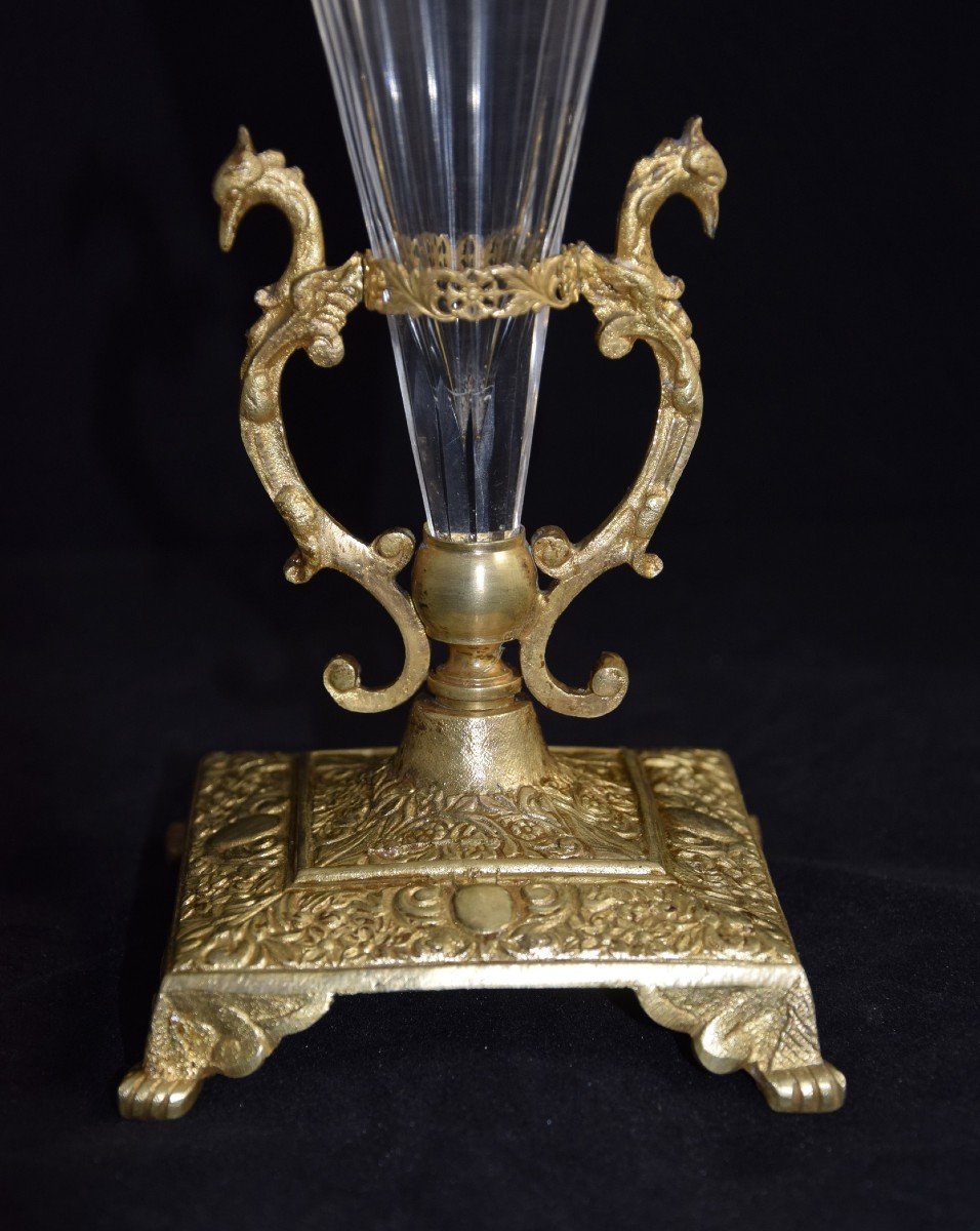 Crystal Cornet Vase, Gilded Bronze Mount, Late 19th Century. -photo-5