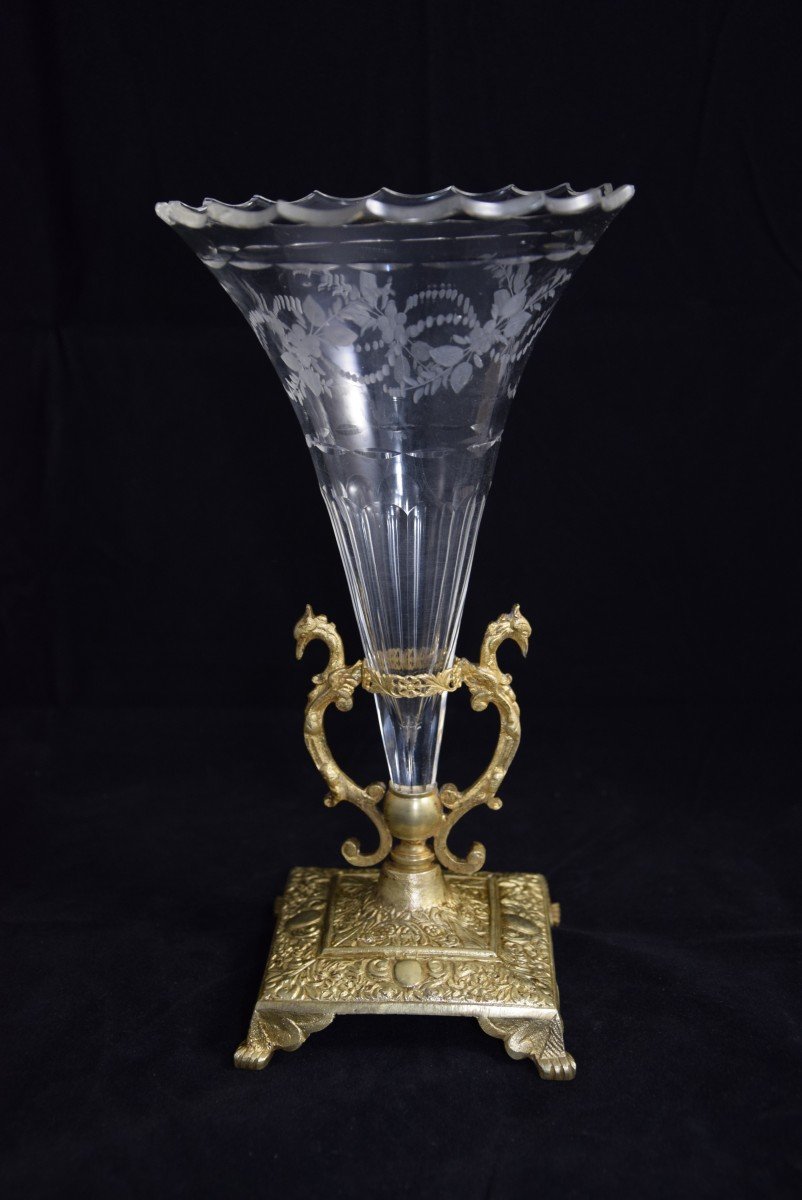 Crystal Cornet Vase, Gilded Bronze Mount, Late 19th Century. 