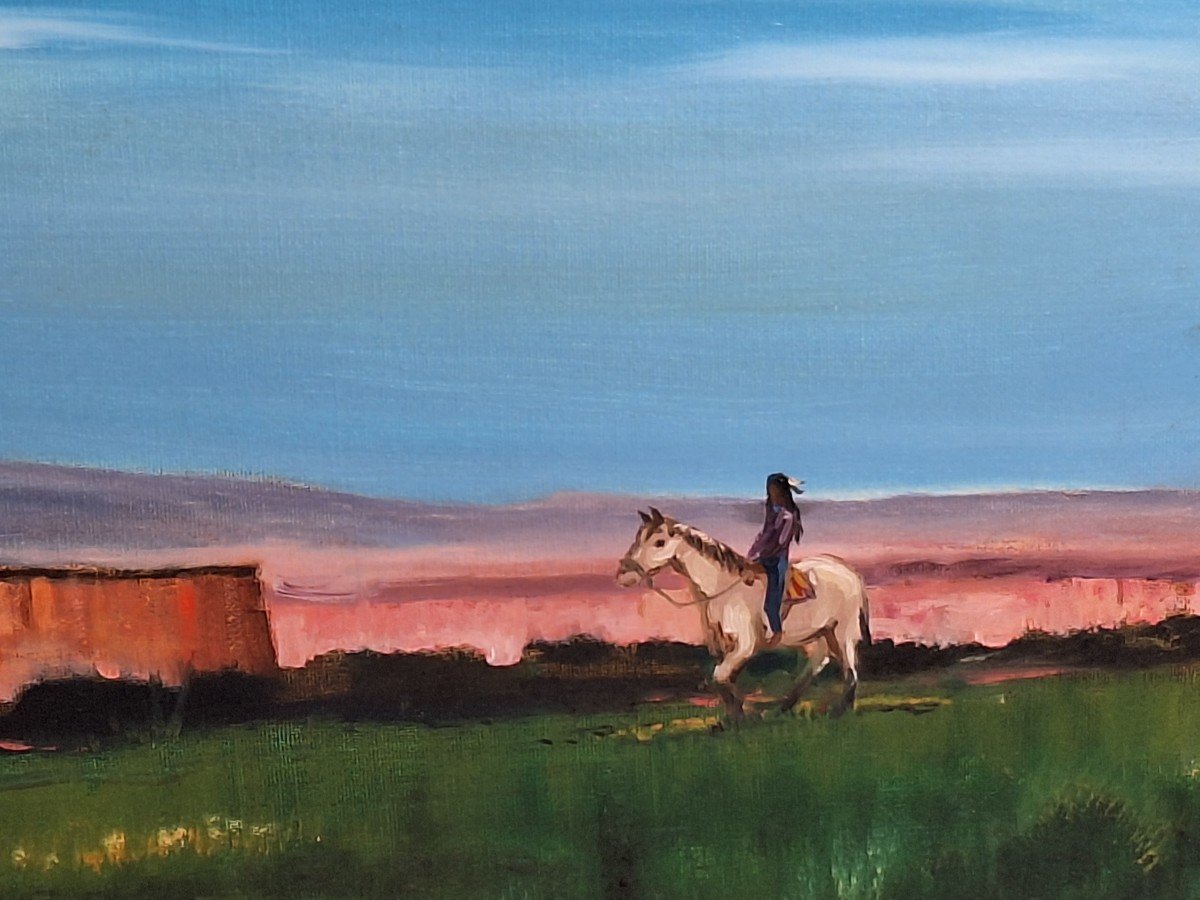 Indian Riding On The Plain, Oil On Canvas Signed Fraley-photo-4