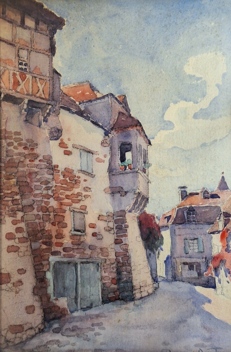 Robert Dessales Quentin ( 1885-1958 ) Vue d'une rue de Carennac  dans le Lot , aquarelle-photo-2