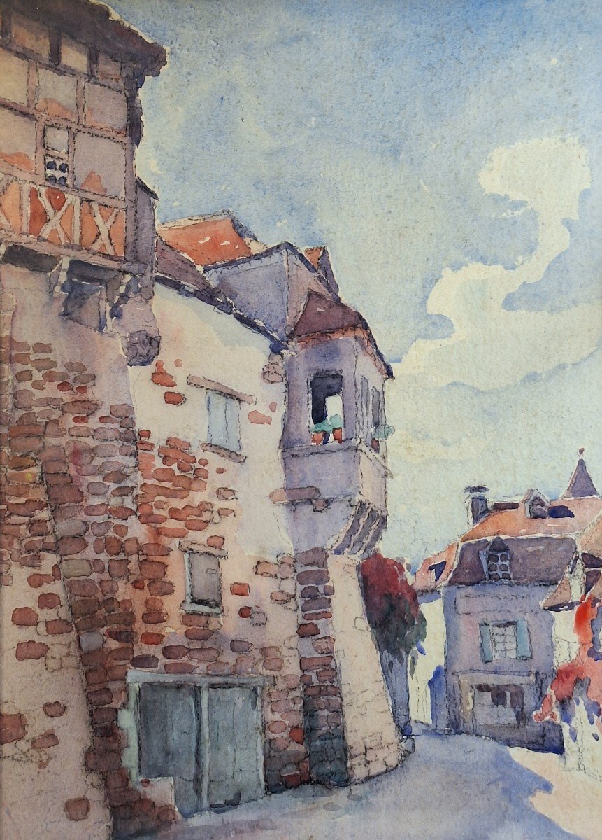 Robert Dessales Quentin ( 1885-1958 ) Vue d'une rue de Carennac  dans le Lot , aquarelle-photo-3