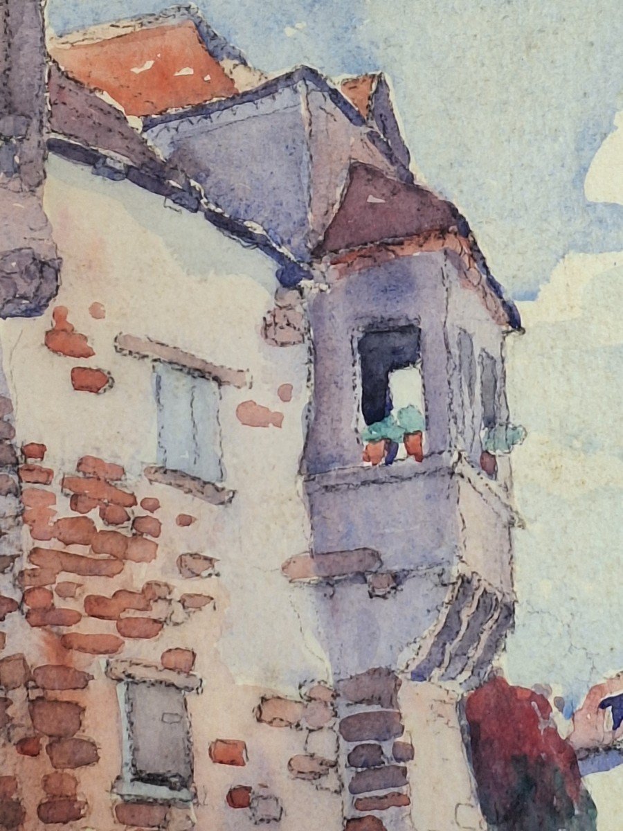 Robert Dessales Quentin ( 1885-1958 ) Vue d'une rue de Carennac  dans le Lot , aquarelle-photo-1